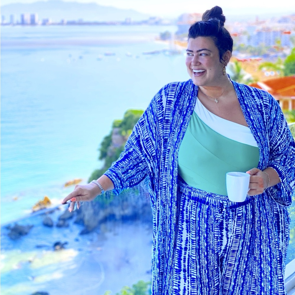 Eloquii Blue and White Tie-Dye Kaftan/Duster and Pants (Sold as set)